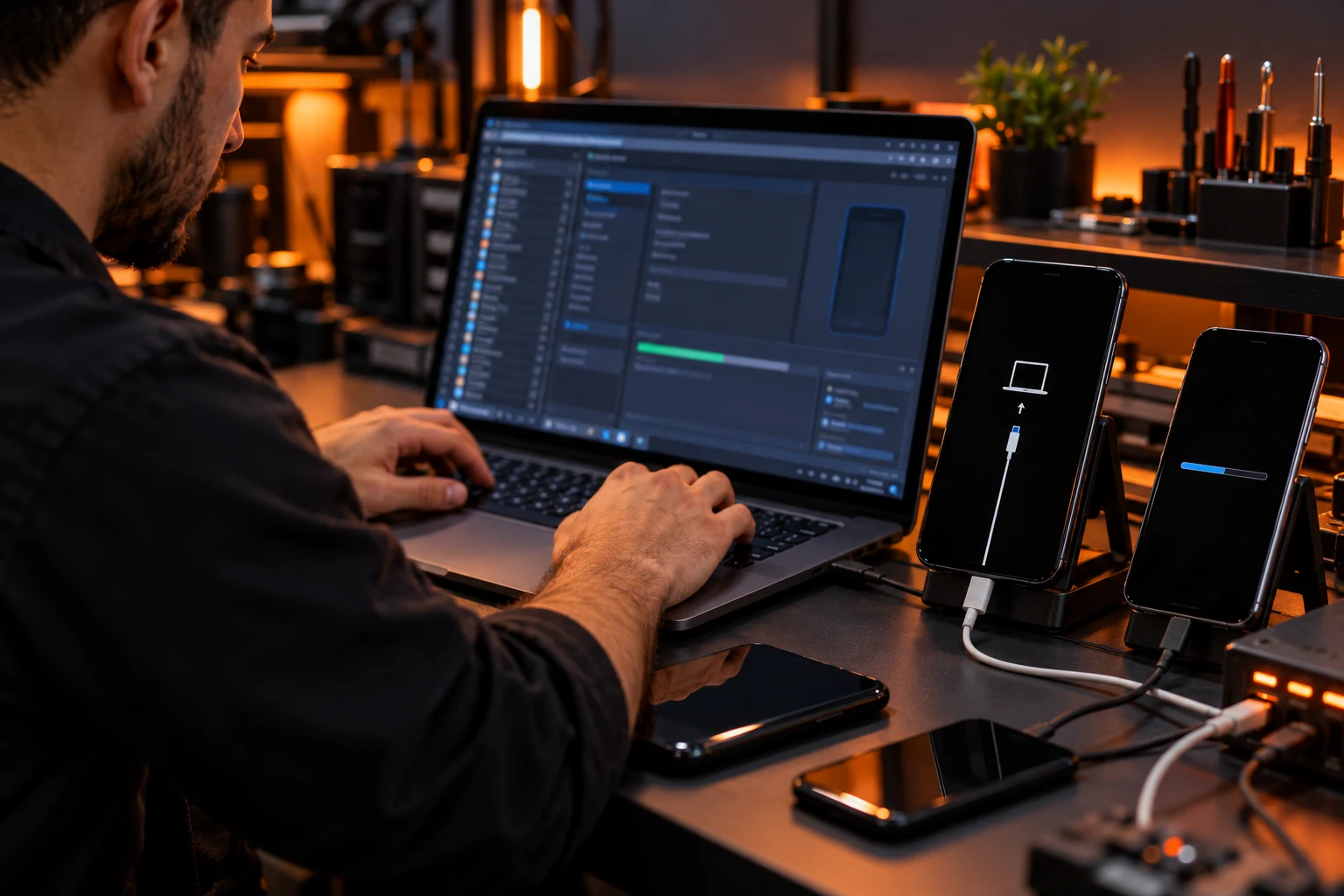 Técnico trabalhando com smartphones conectados a um computador de diagnóstico